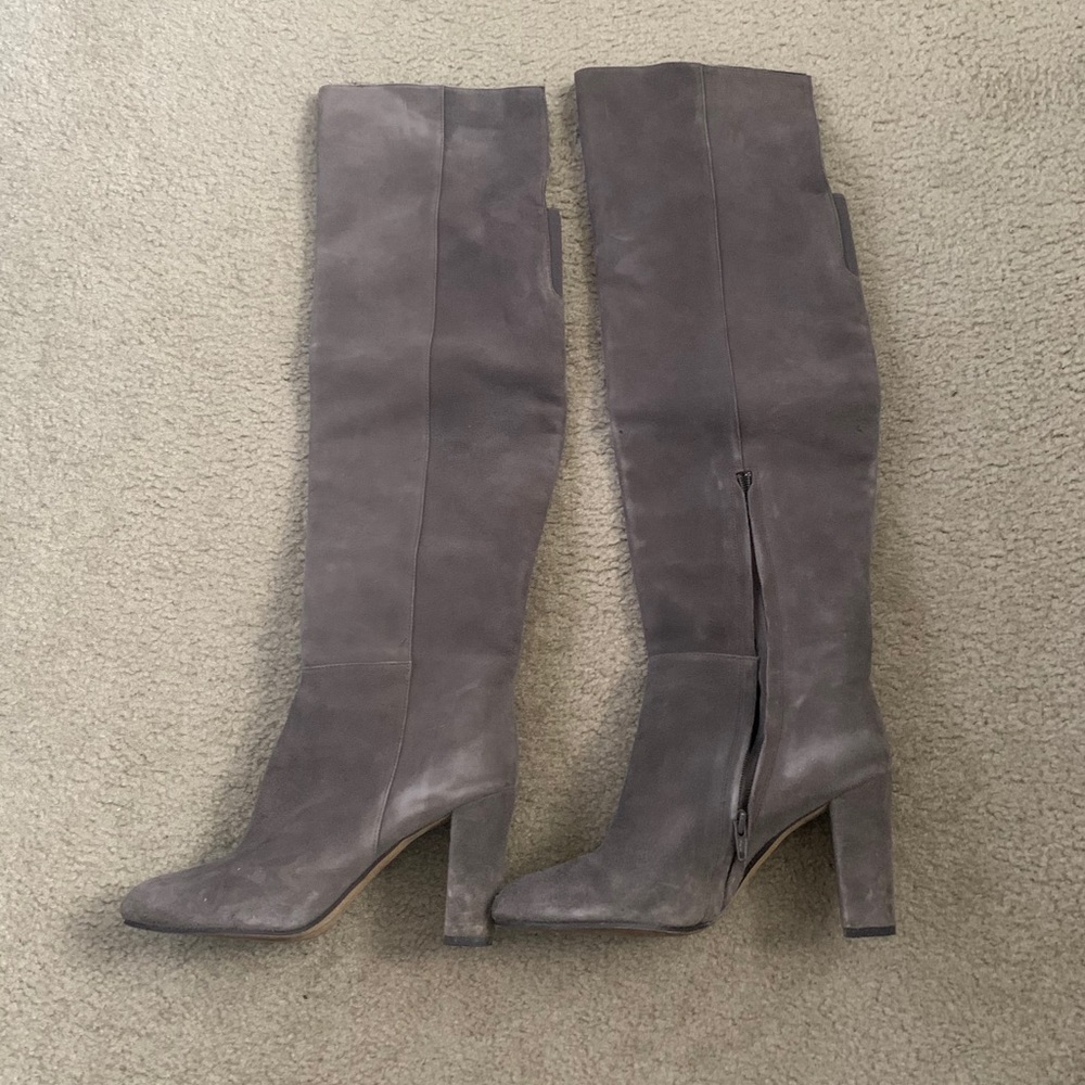 Gray suede thigh high boots